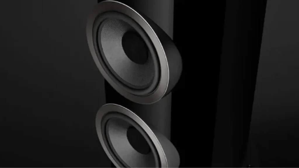 Dual Aerofoil bass drivers with aluminum trim rings on the front baffle of the Bowers & Wilkins 801 D4 floorstanding loudspeaker.