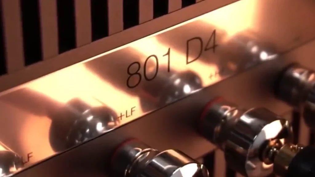 Rear connection panel of the Bowers & Wilkins 801 D4 showing bi-wire speaker terminals and model identification plate.