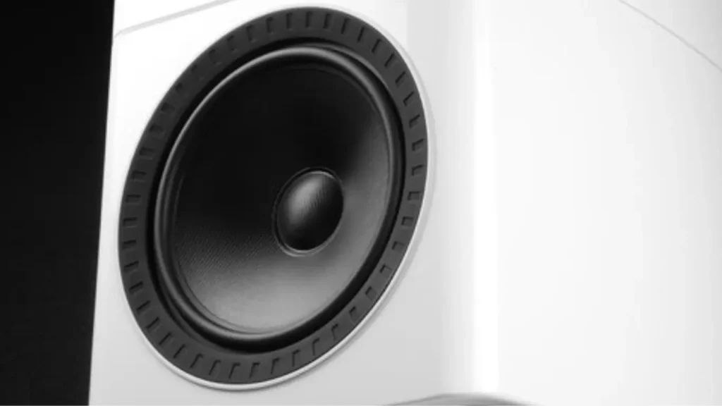 Wharfedale Elysian 2 bass driver detail showing the coated glass-fibre cone and custom surround