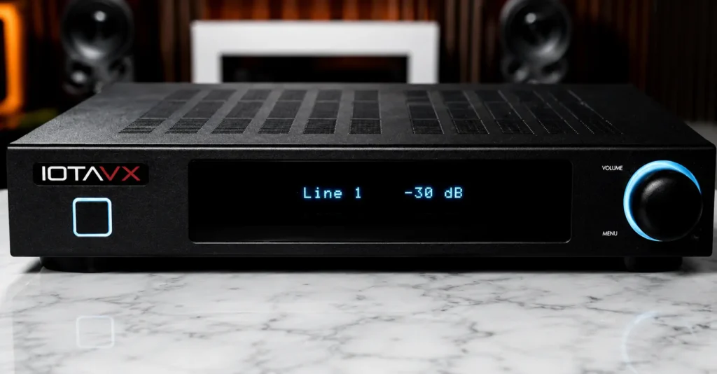A Closer Look of front panel of IOTAVX SA3 while setting it up with my speaker of reviewing it Ampreviews