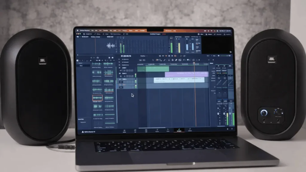 Close-up Shot of JBL 104-BT coaxial desktop speakers placed on a desk beside a laptop while testing the sound running audio production software