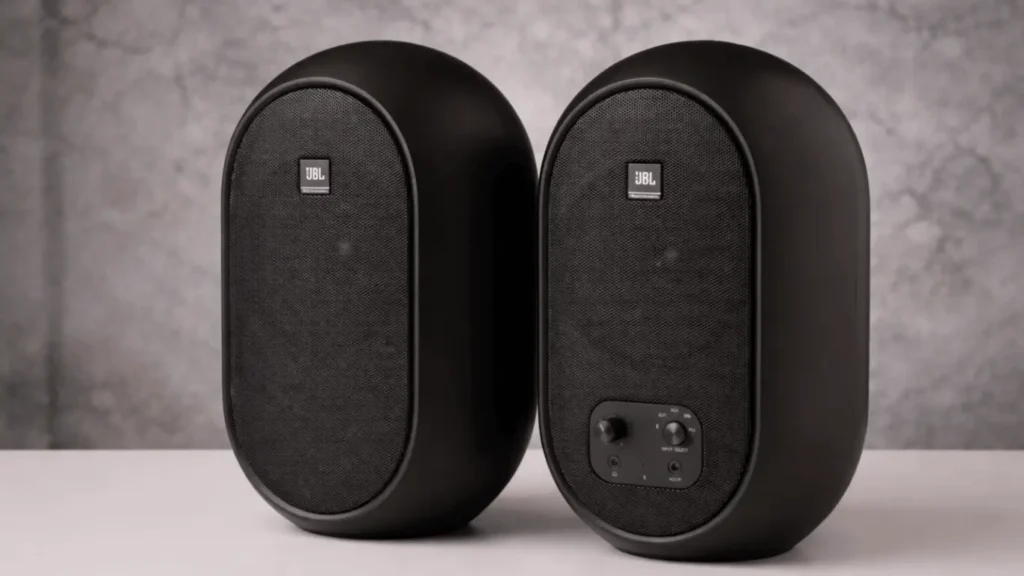 Pair of JBL 104-BT compact studio monitors in black finish