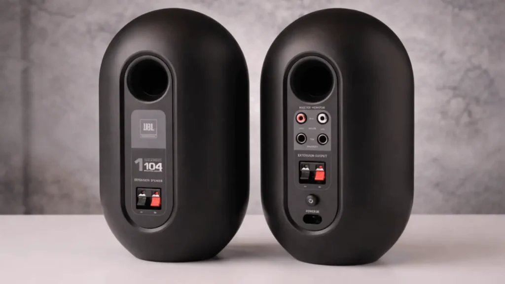 Rear view of JBL 104-BT speakers displaying bass reflex port, TRS and RCA inputs, speaker terminals, and power connection.