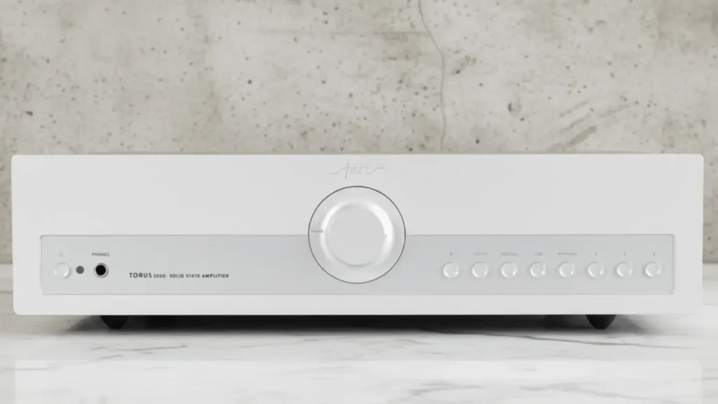 Fezz Audio Torus 5060 integrated amplifier front panel in silver finish with central volume knob, input selector buttons and headphone output