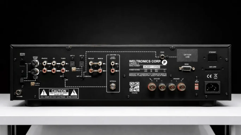 Rear panel of the AMC XIA150SE integrated amplifier, displaying analog and digital inputs, speaker terminals, power socket, and control labeling in my review 