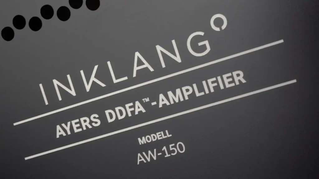 Close-up of the branding on the Inklang Ayers DDFA Amplifier, model AW-150.