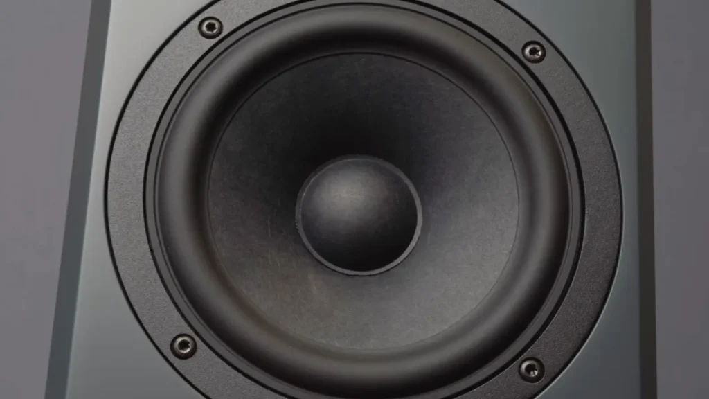 close-up of the Inklang Ayers Two speaker’s mid-woofer driver. The black cone is surrounded by a textured rubber surround and secured to the dark grey cabinet