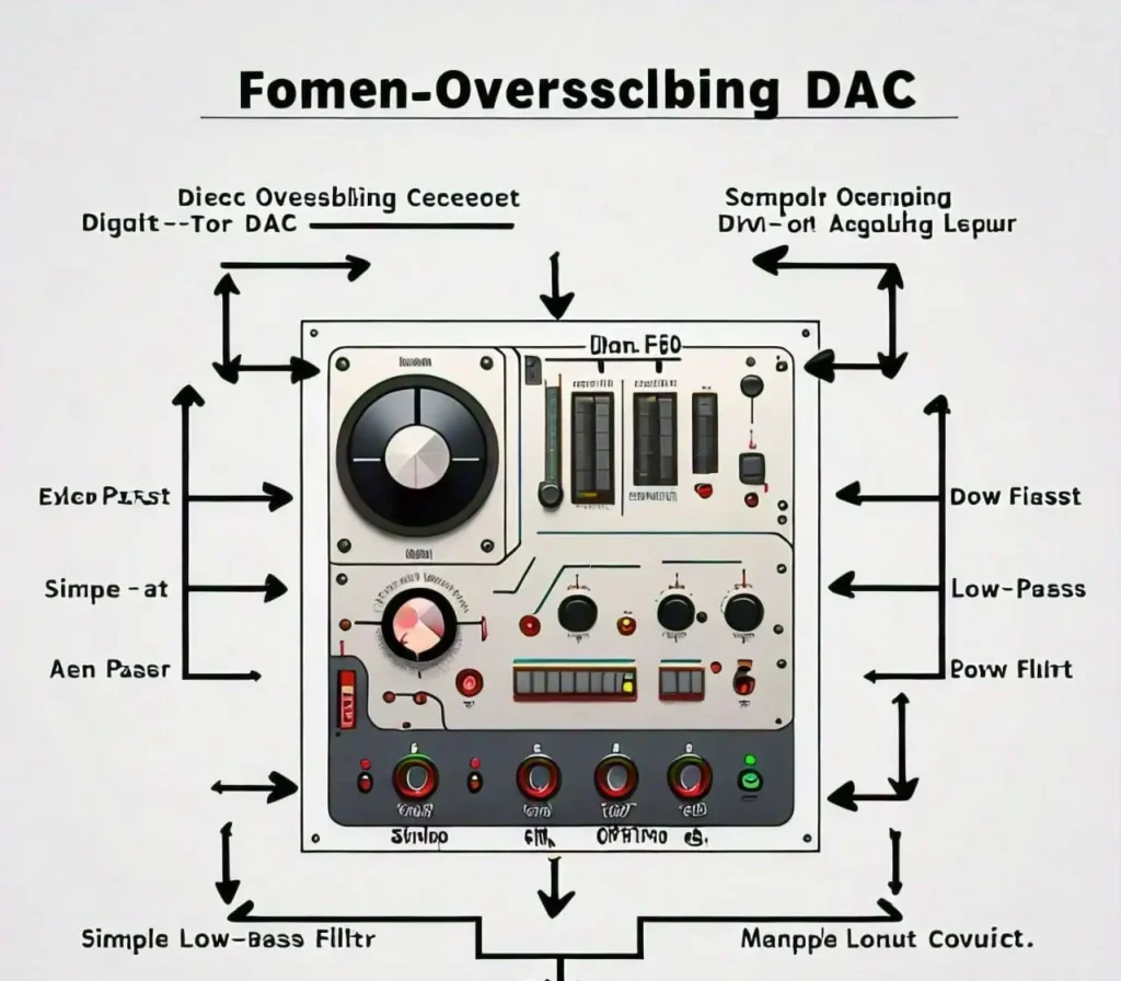 A flowchart illustrating the process of a Non-Oversampling DAC, showing the steps of receiving digital signal, direct digital-to-analog conversion, simple low-pass filtering, and analog output.