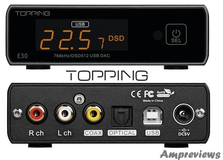 Topping E30 Digital-to-Analog Converter (DAC), black aluminum chassis with a small display screen, control buttons, and input/output ports