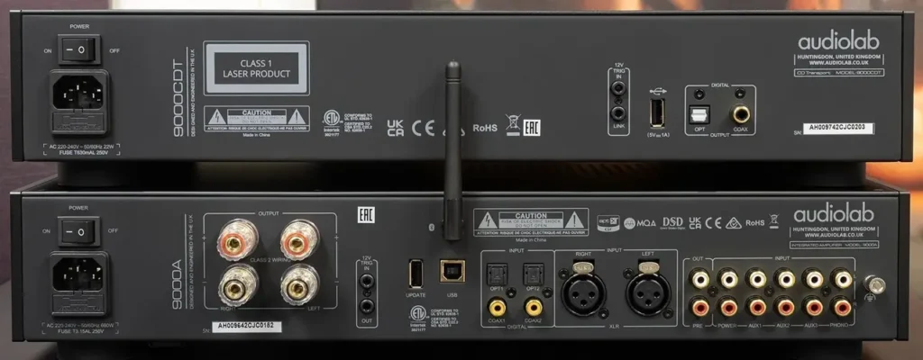 A closer Look of back panel  of both Audiolab 9000A Amplifier and 9000CDT CD Transport