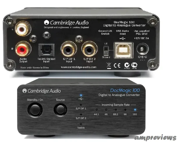 Cambridge Audio DacMagic 100 Digital-to-Analog Converter (DAC), rectangular black box with silver detailing, featuring optical and coaxial inputs, RCA outputs, and a headphone jackBest DACs Under $200