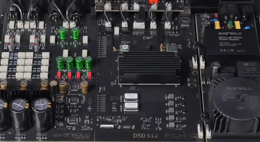 An internal view of the Eversolo DMP-A8, highlighting its advanced components and meticulous design, including the powerful DSP processor and third-generation XMOS XU316 USB interface.