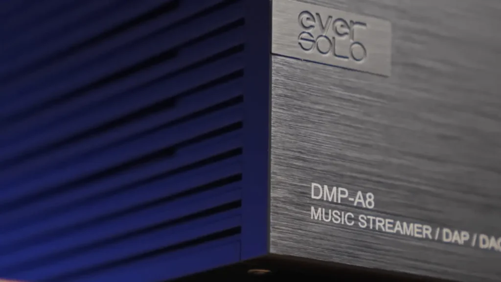 Close-up of Eversolo DMP-A8 music streamer and DAC front panel with logo