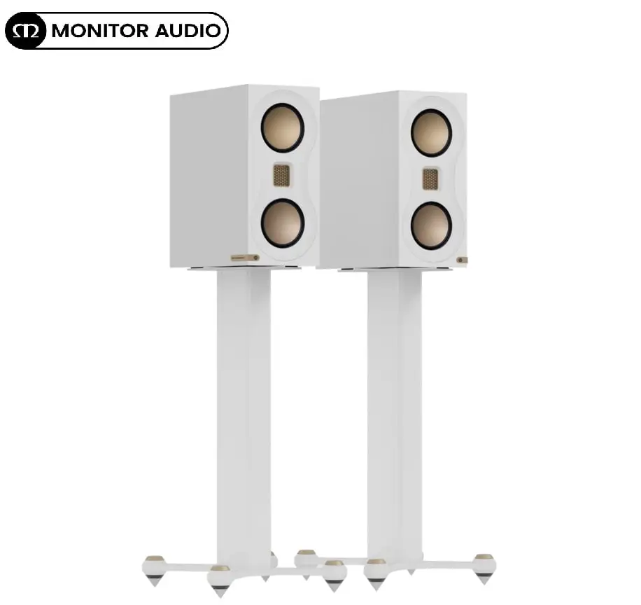 Monitor Audio Studio 89 in High-Gloss White and matching stands