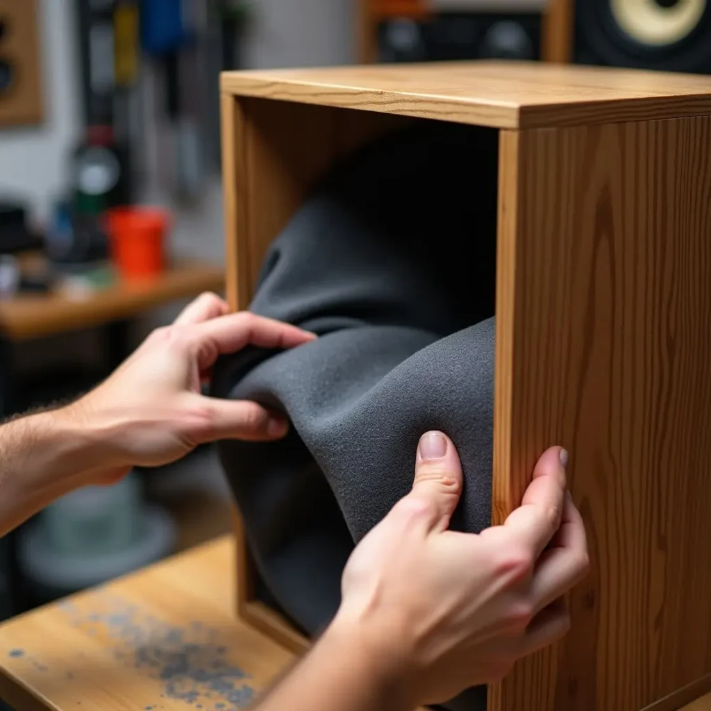 placing dark grey acoustic foam inside a wooden speaker cabinet