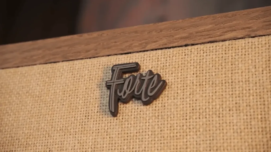 A Closer Look of Klipsch Forte IV grill with forte Logo in my Klipsch Forte IV Review