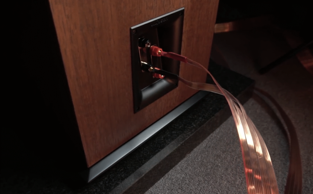 A Closer Look of Klipsch RF-7 III BACK terminals with connected wires while testing