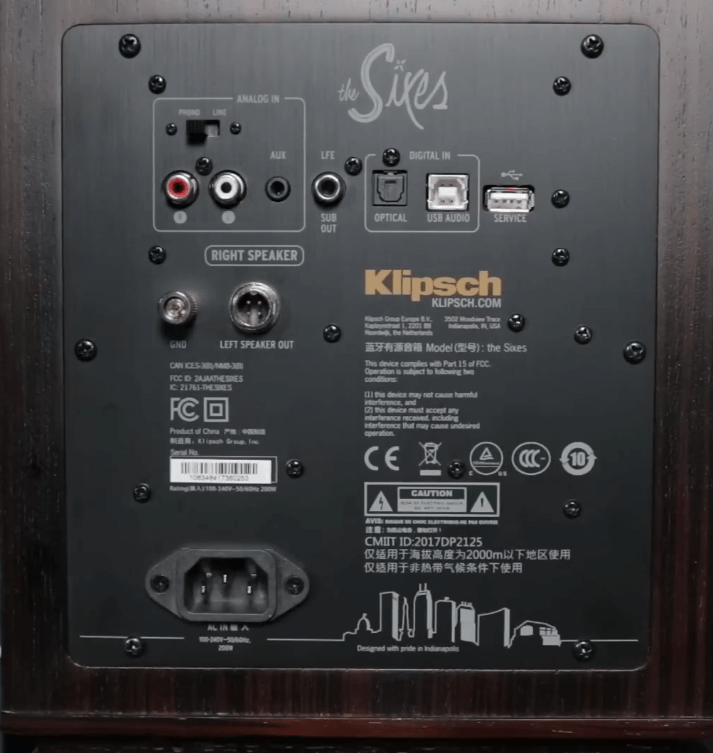 A closr look of the Klipsch The Sixes back amp plate with inputs and power plug