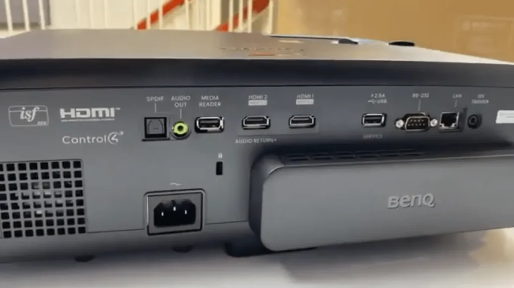 A look to the BenQ W4000i back panel showcasing the HDMI inputs power plug and spdif