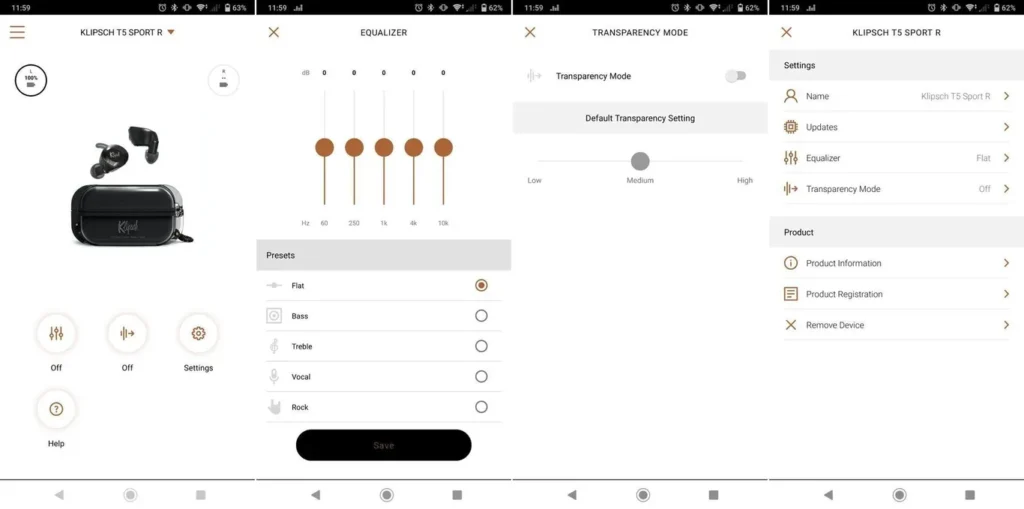 A screenshot of klipsch connect app with Klipsch T5 II McLaren Edition Earbuds