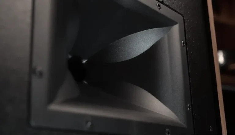Close-up of the Klipsch Forte IV's modified Tractrix midrange horn with Mumps technology