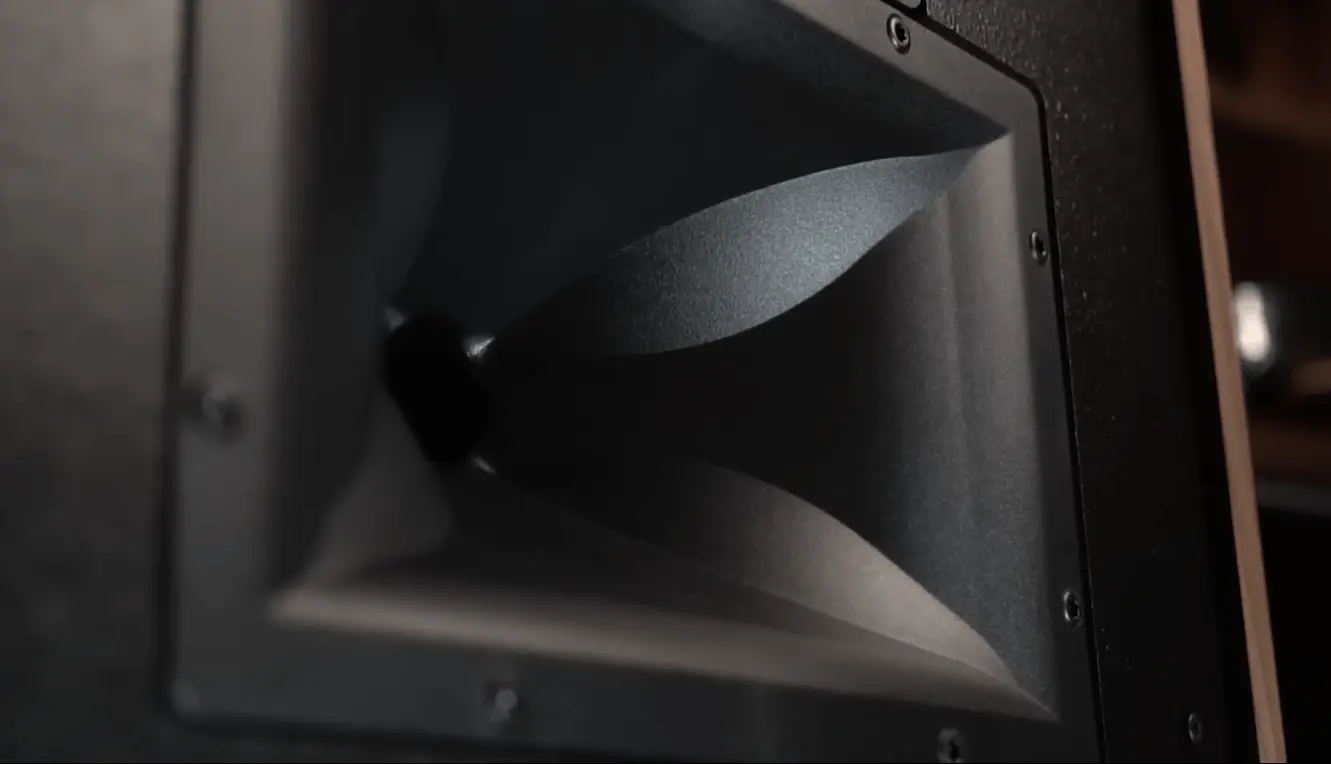 Close-up of the Klipsch Forte IV's modified Tractrix midrange horn with Mumps technology