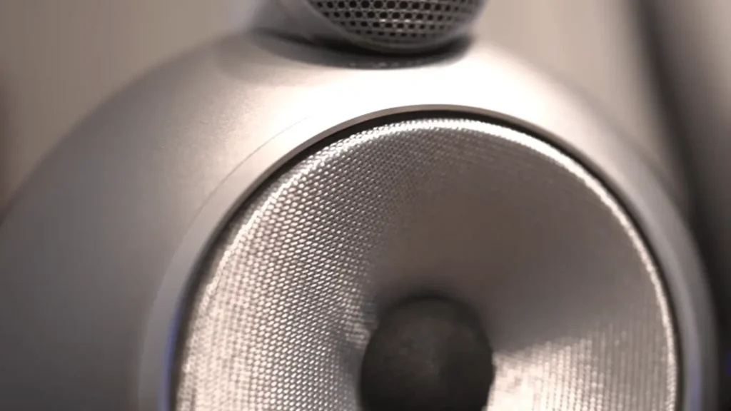 Close-up of the silver Continuum cone midrange driver on the B&W 803 D4