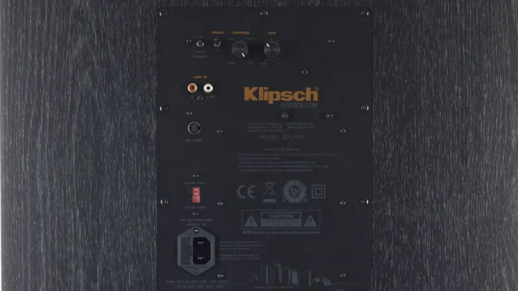 Klipsch SPL-150 back view of its amp plate showing terminals and volume knobs