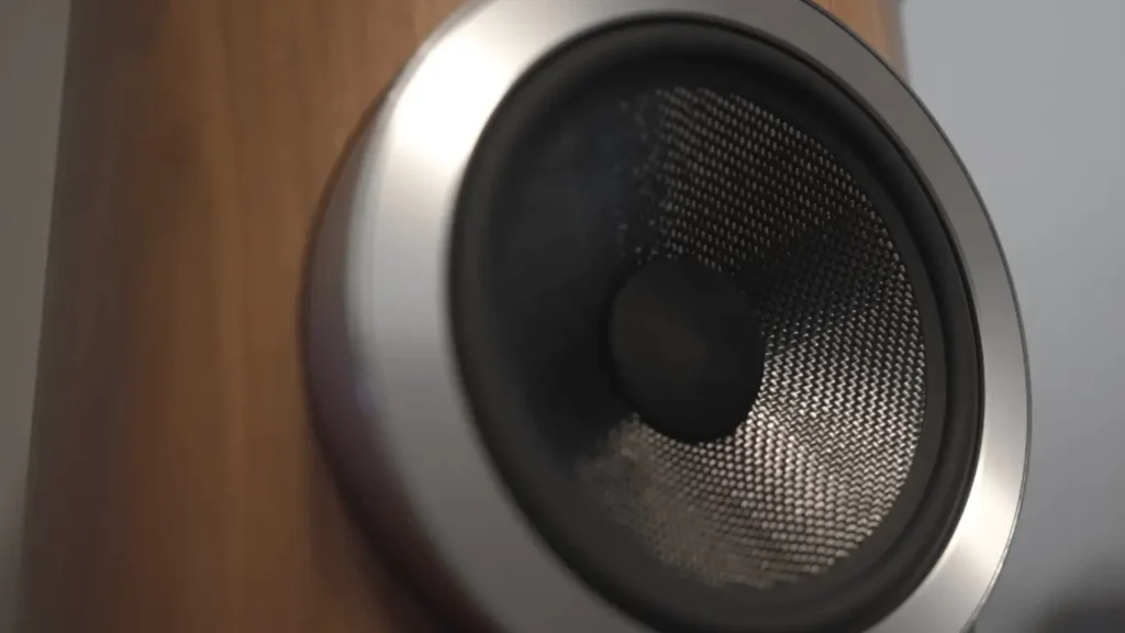 Side-angle close-up of a Bowers & Wilkins 803 D4 bass driver in my Review