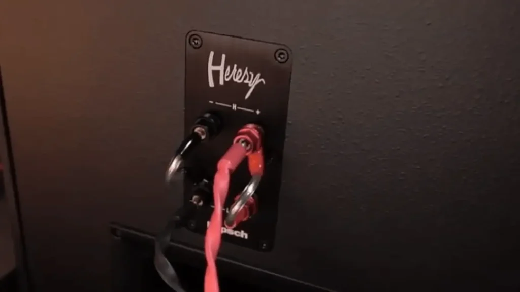 The premium bi-wire and bi-amp capable speaker terminals on the back of the Klipsch Heresy IV, with speaker cables connected.