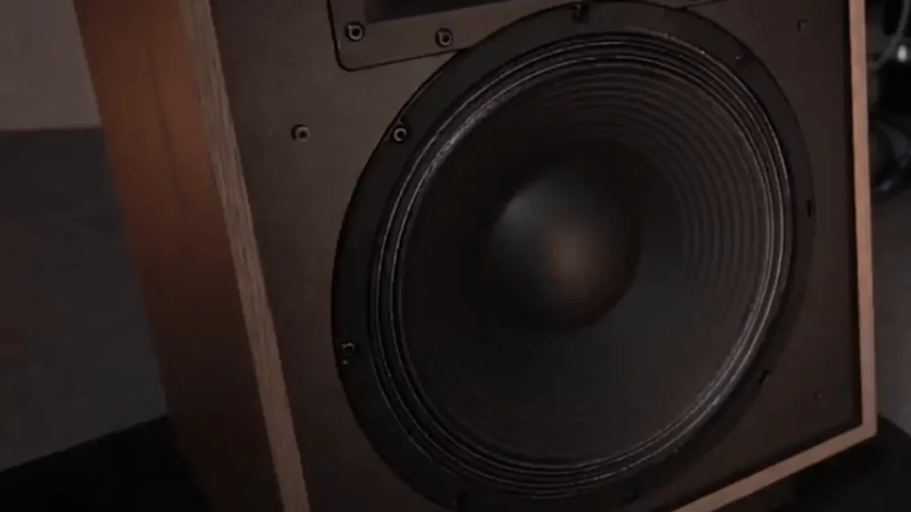 An angled close-up of the Klipsch Heresy IV's 12-inch fiber-composite woofer in its real wood veneer cabinet