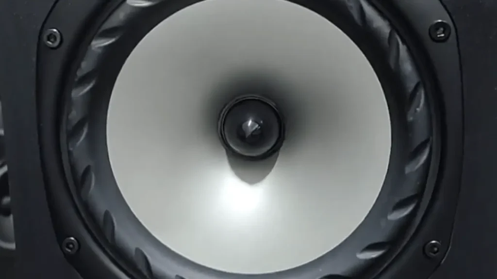 Close-up of the 15cm midbass driver on the Fyne Audio F303 featuring the unique FyneFlute rubber surround technology