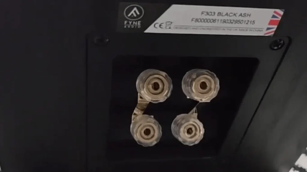 Gold-plated bi-wire speaker terminals on the rear panel of the Fyne Audio F303 allowing for versatile cable connections
