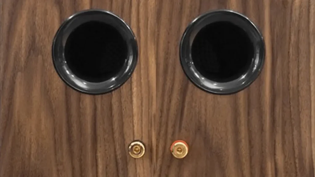 Rear view of the Wharfedale Super Linton showing the dual bass reflex ports and single-wire speaker terminals on the walnut veneer cabinet.