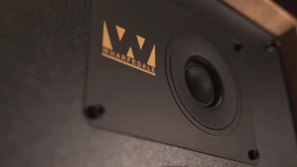 Side angle close-up of the new Super Linton tweeter faceplate and classic Wharfedale logo.