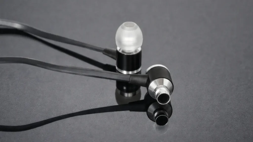 Close-up of Focal Spark in-ear headphones showing aluminum housings, flat cable, and silicone ear tips