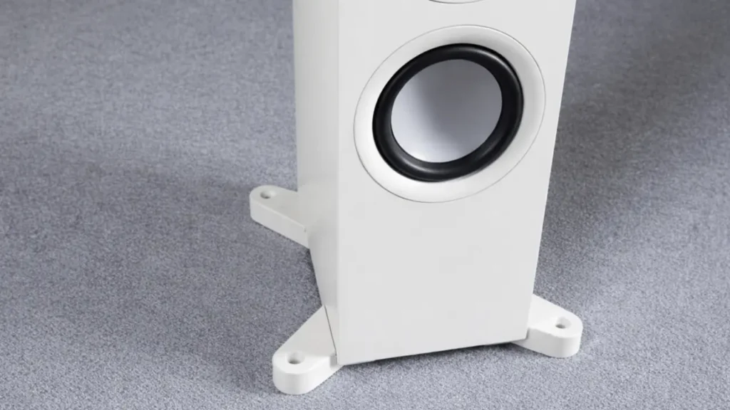 Close-up of the KEF Q550 floorstanding speaker base, showing the white cabinet, passive bass radiator, and stabilizing feet with adjustable spikes.