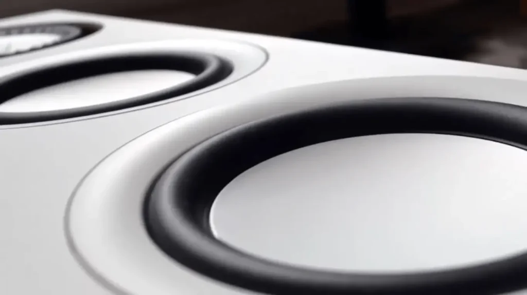 Macro close-up of the KEF Q550 speaker drivers, focusing on the smooth cone surface and rubber surrounds that support controlled, distortion-free bass performance.