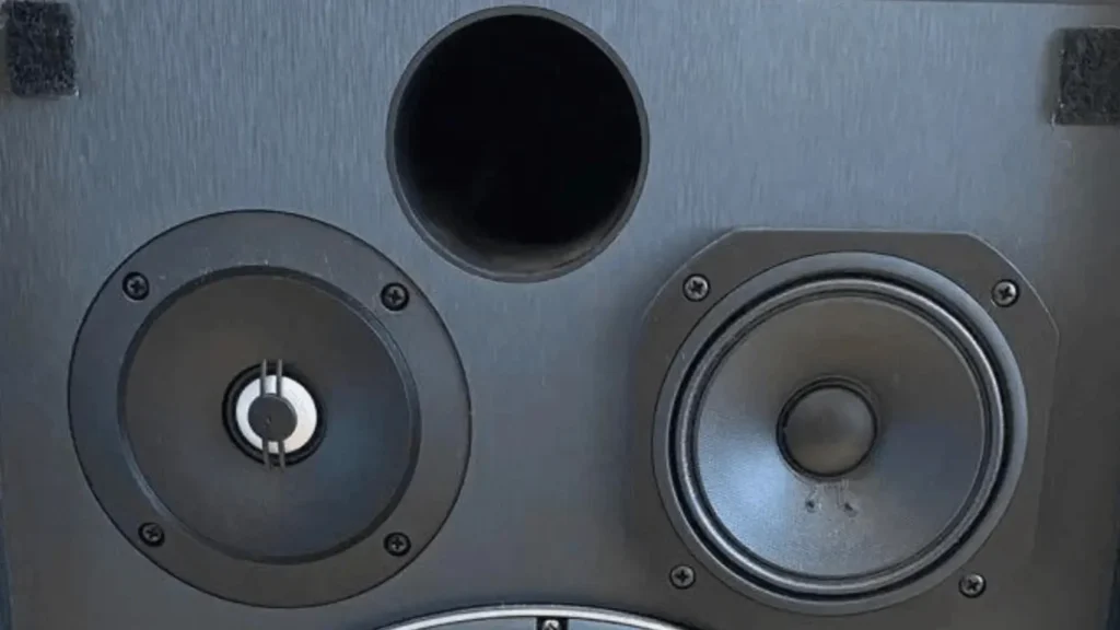 A Closer Look of Front view of JBL Studio Monitor 4312E showing tweeter, midrange driver, and front-firing bass reflex port in my JBL Studio Monitor 4312E Review 2026