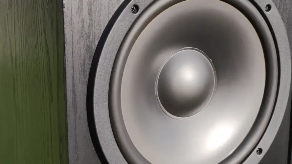 Close-up of Klipsch KG 5.5 10-inch woofer highlighting cone texture and surround design