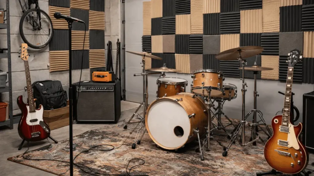 Garage music rehearsal space with rugs, instruments, and sound treatment