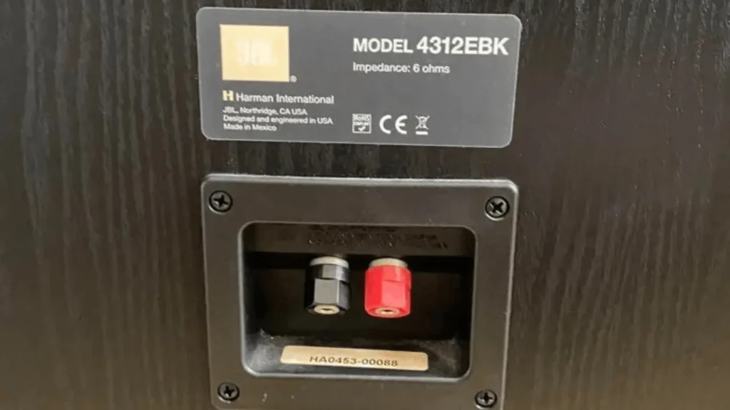 Rear panel of JBL Studio Monitor 4312E with single binding posts and model identification label