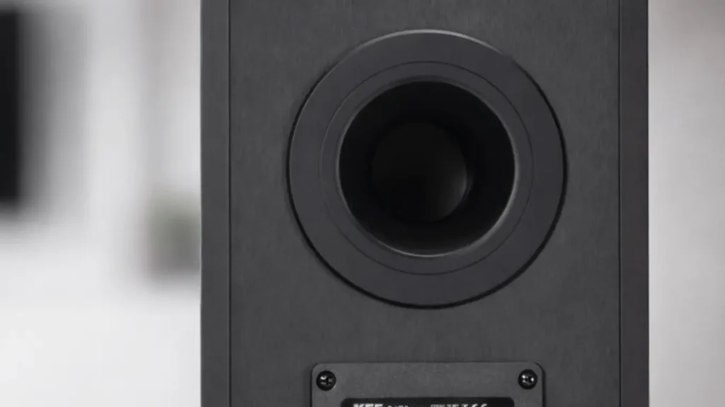 Rear view of KEF Q150 bass reflex port and speaker terminal plate