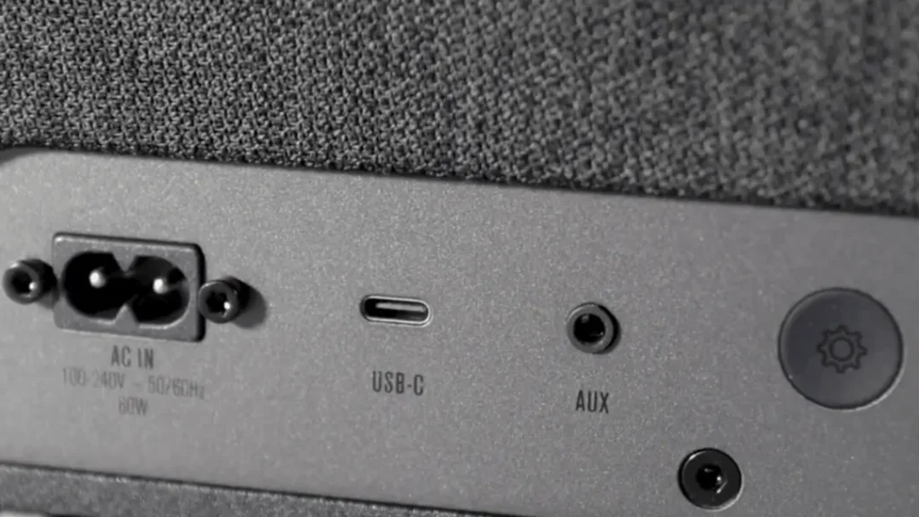A Closer Look of back panel of Klipsch the one plus showing the power plug aux and USB