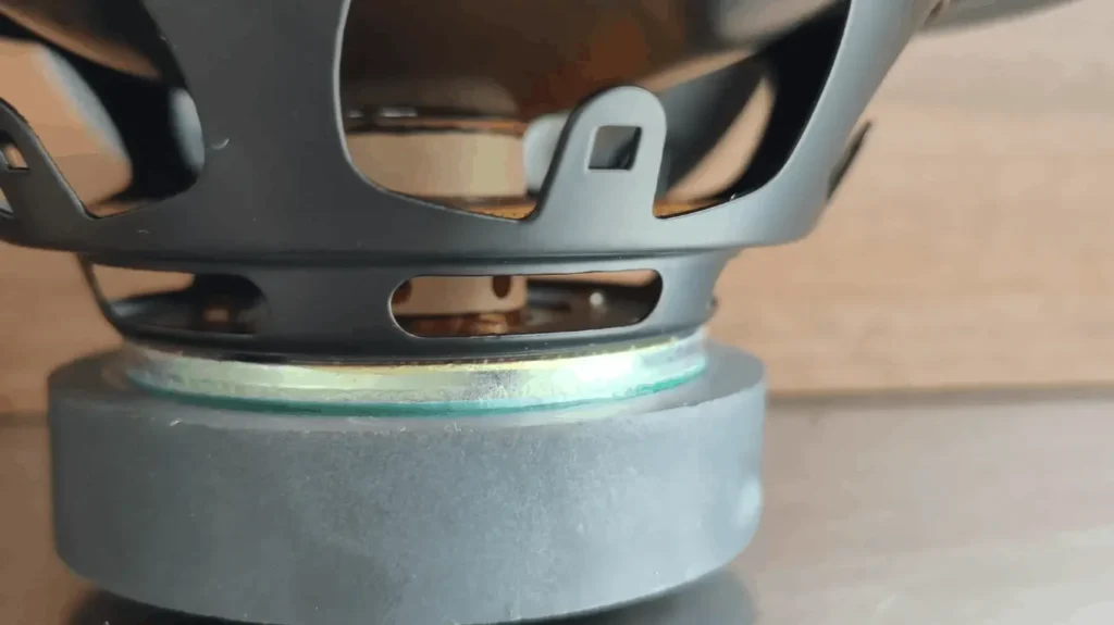 Rear panel of the MartinLogan Motion Foundation F1 showing the model name, serial number plate, and 5-way binding post terminals