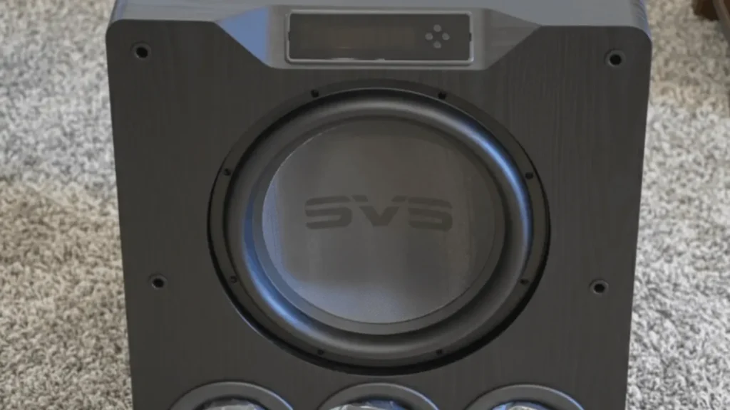 SVS PB-4000 front view with 13.5-inch high-excursion driver and digital control display panel