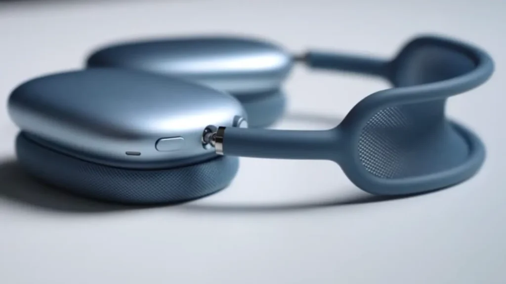 Apple AirPods Max hinge mechanism and mesh headband side view showing the angular adjustment system and stainless steel arm connector