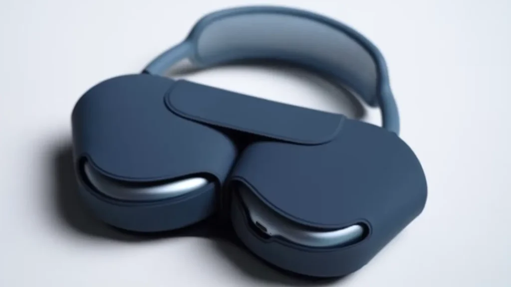 Apple AirPods Max Sky Blue stored inside the magnetic Smart Case showing the compact folded profile