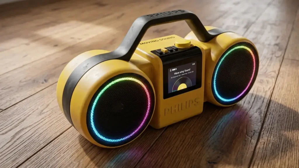 Philips Moving Sound The Roller MS60 portable Bluetooth speaker in yellow with color display showing tape animation and RGB lighting on speaker grilles
