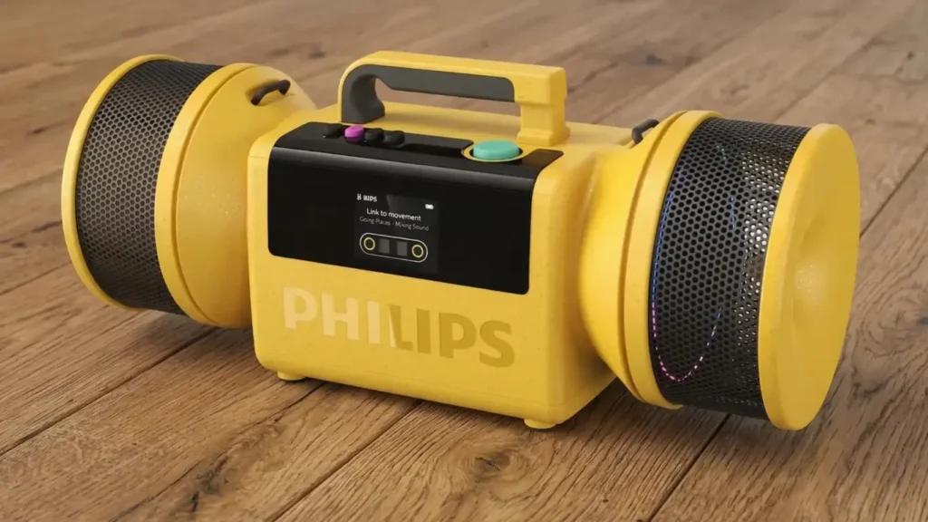 Philips Moving Sound The Tube MS80 flagship portable Bluetooth speaker in yellow with RGB ring lighting on dual speaker grilles and vinyl animation on color display